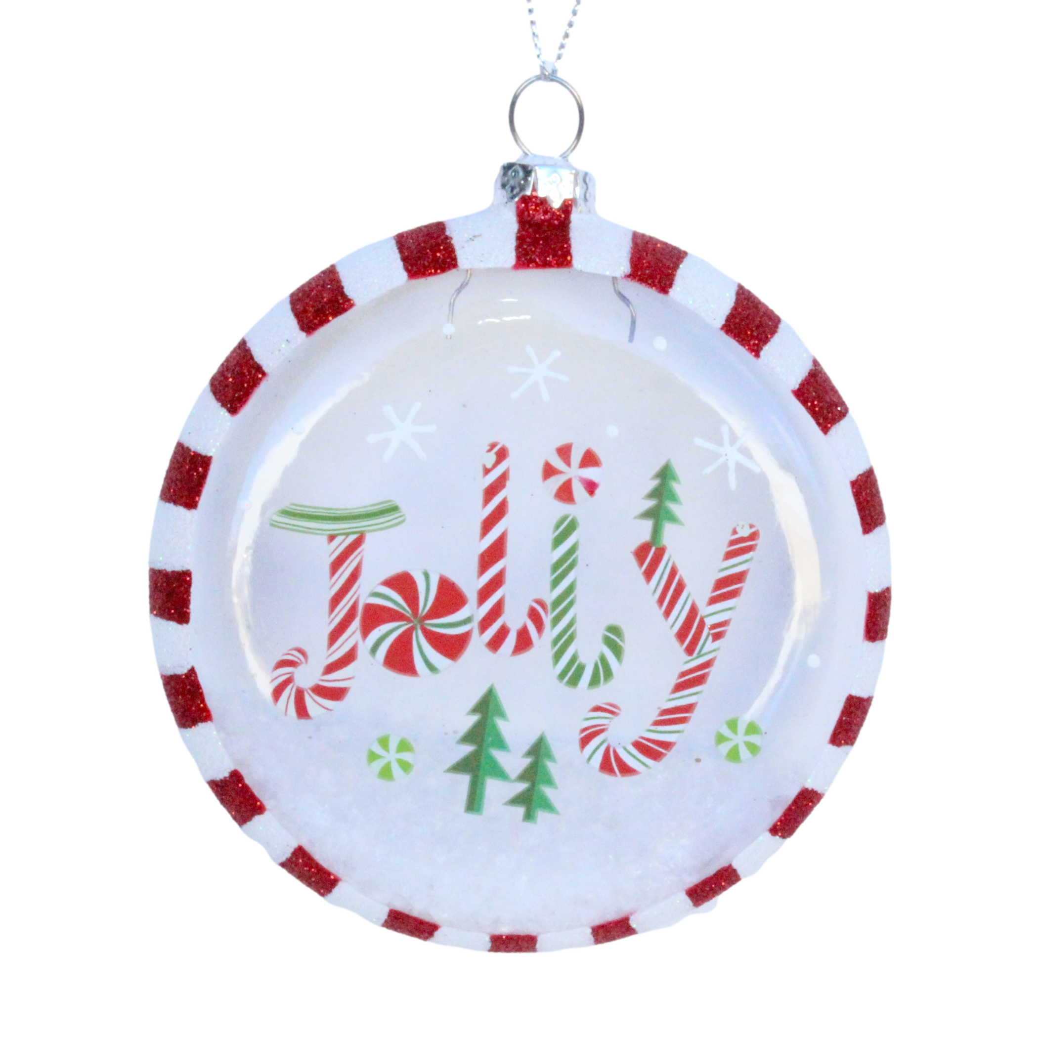 Glass Disc Ornament JOLLY with snow inside.